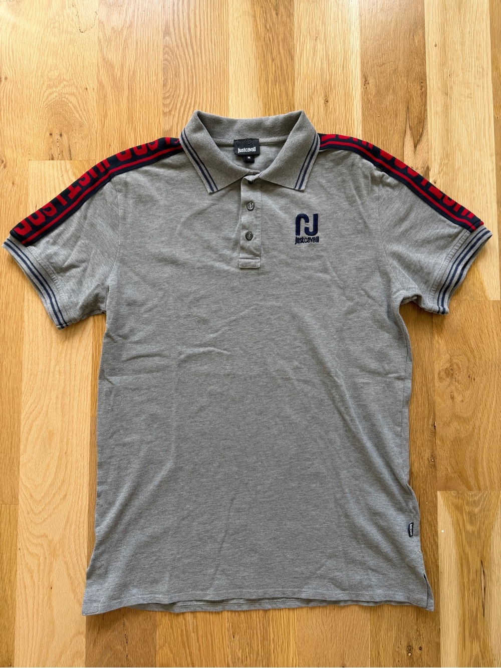 Just Cavalli Gray Polo with Red Shoulder Stripe and Navy Logo - Size M